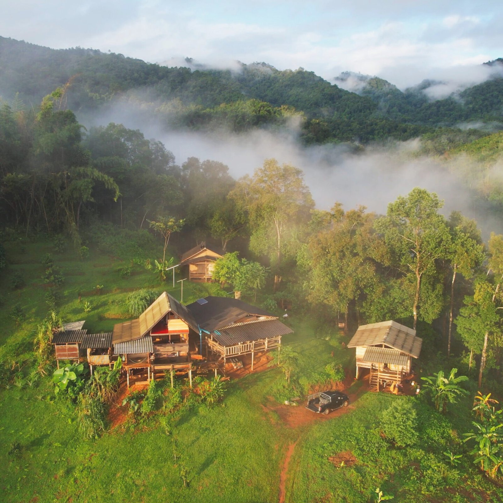 Aerial view from drone of the rural village in the mountains on